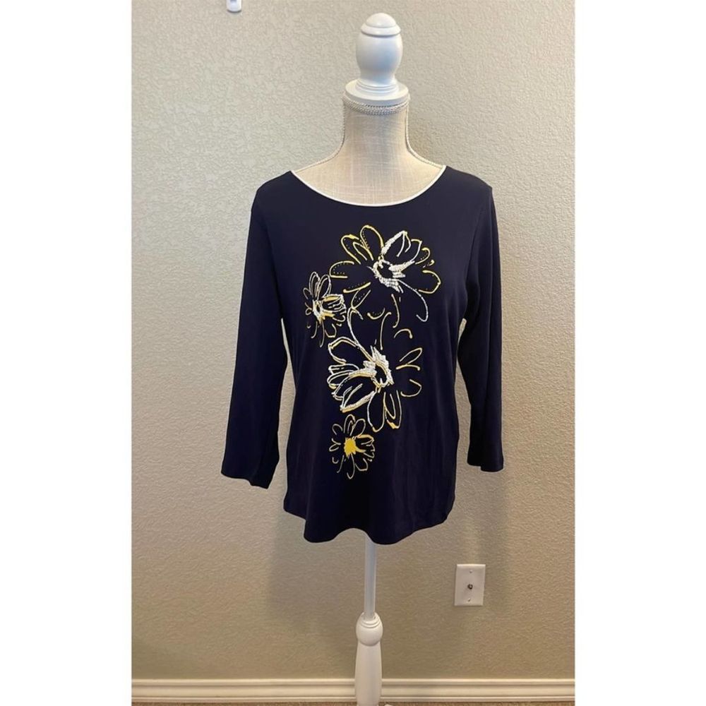 Allison Daley Petite Navy Blue Floral T-Shirt Women's Top